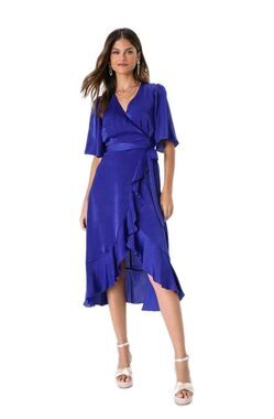 Lulus Wrap Midi Dress Small Cobalt Blue Satin Flutter Sleeve Ruffle Coquette